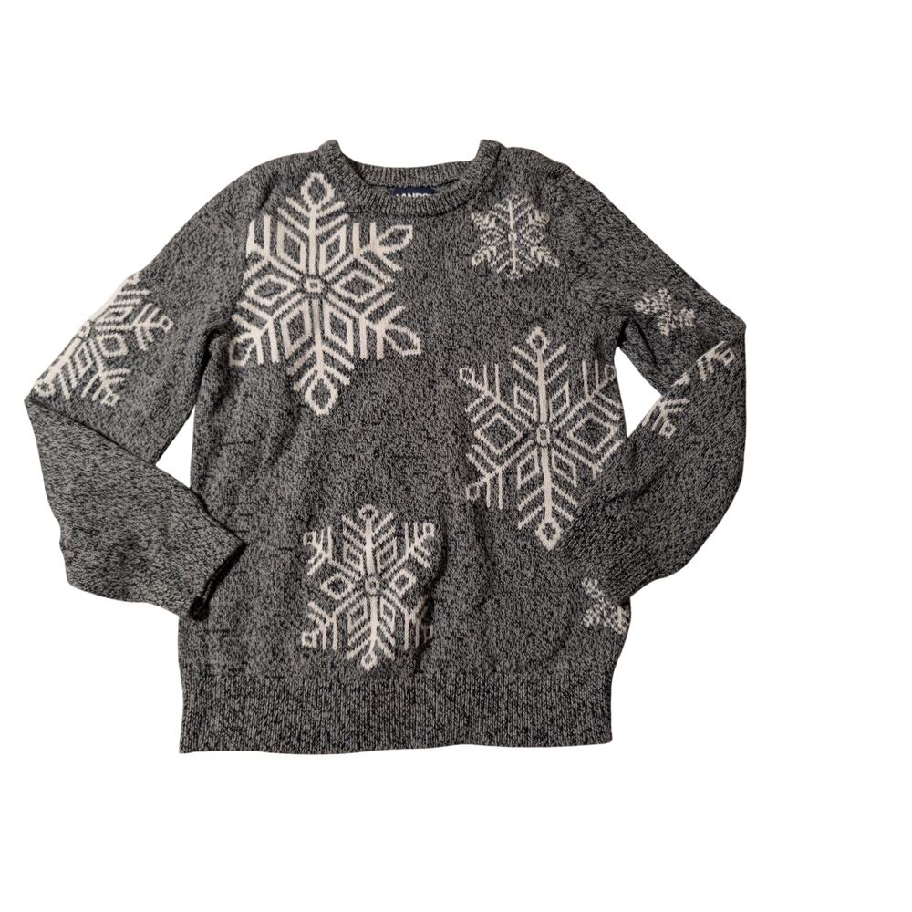 Lands' End Women's Snowflake Knit Crewneck Pullover Sweater Grey White Size M
